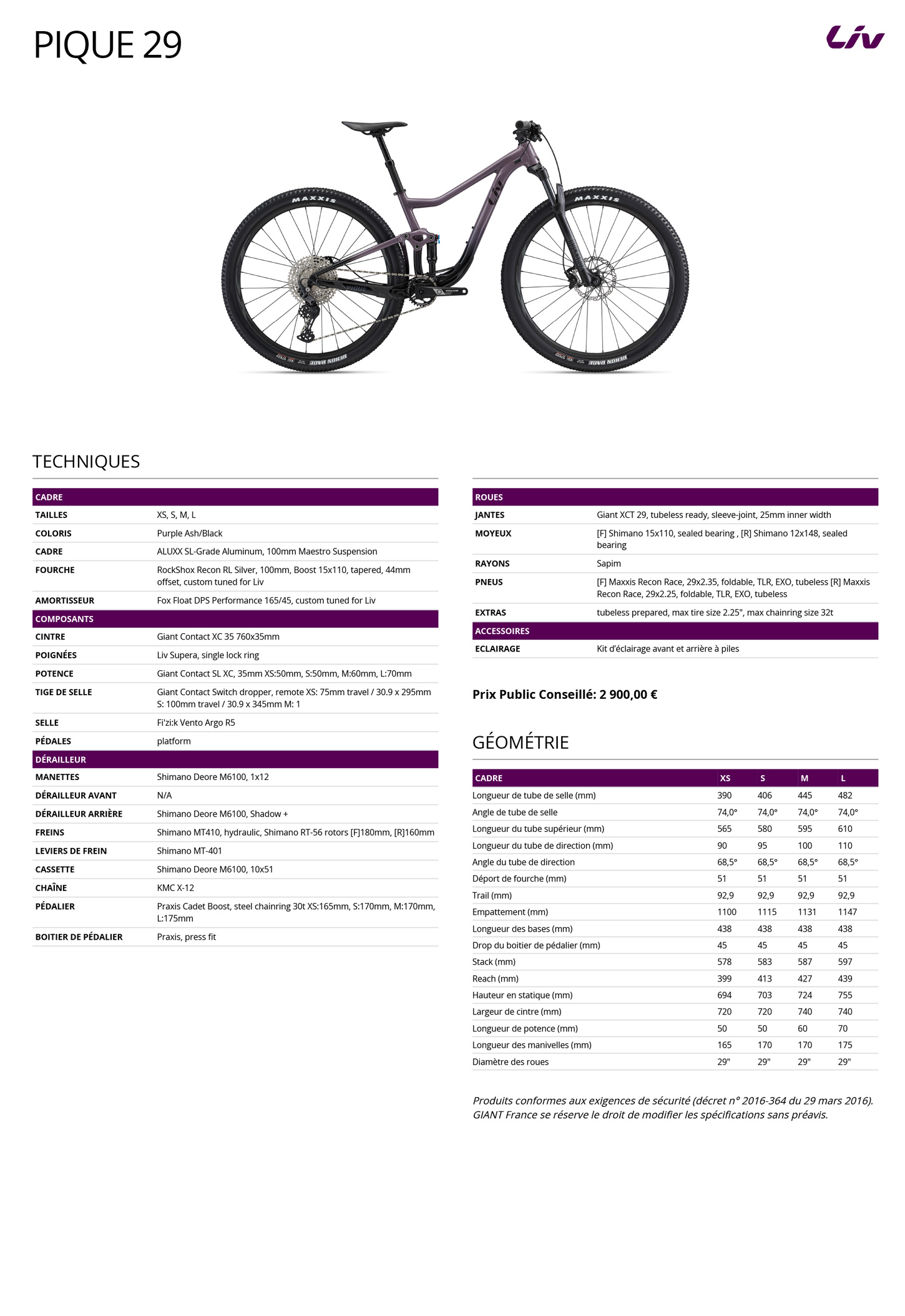 Fiche technique du velo Pique 29 année 2023